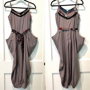 NWOT Gray Capri Romper Tribal Sequin Fringe Design from Thailand Size 8